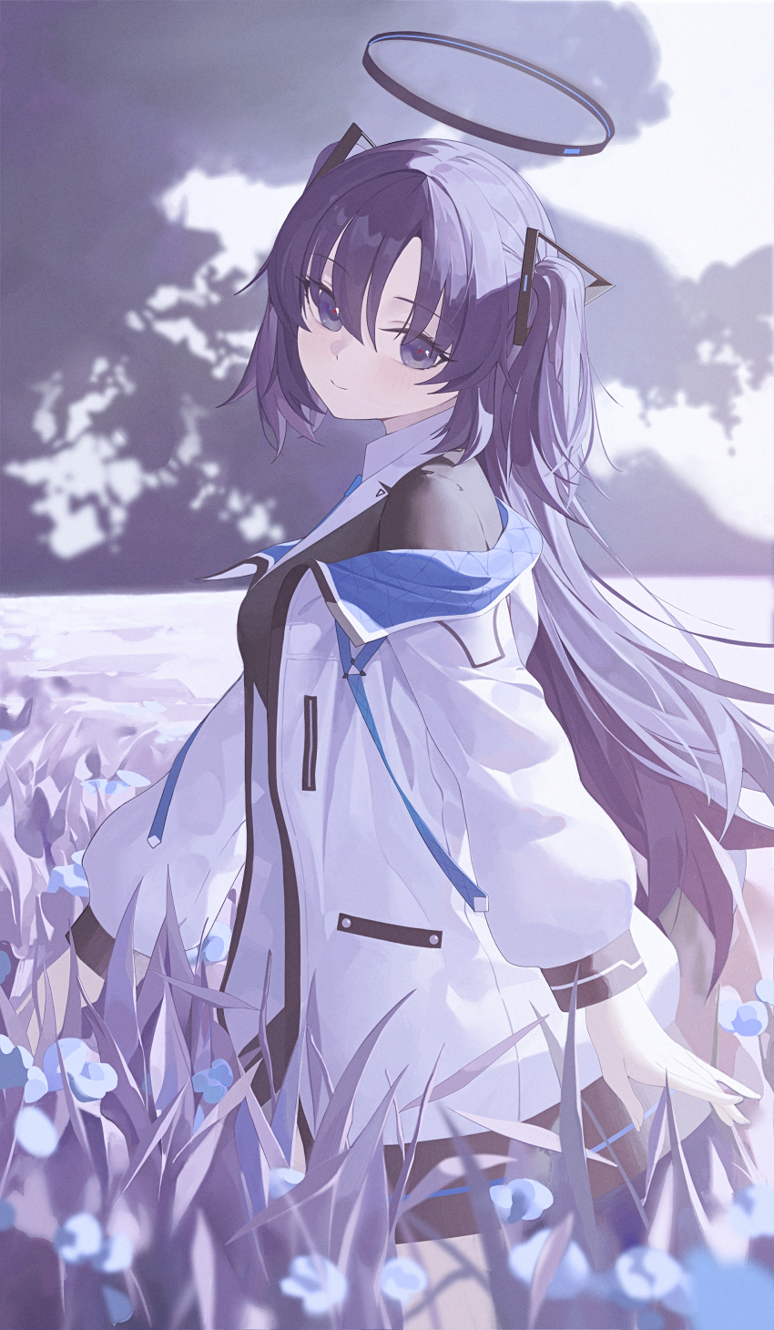 1girl absurdres blue_archive blue_eyes blue_flower blue_hair closed_mouth commentary field flower flower_field from_side halo head_tilt highres jacket lan001 light_smile long_hair long_sleeves looking_at_viewer looking_back mechanical_halo off_shoulder open_clothes open_jacket outdoors solo two_side_up white_jacket yuuka_(blue_archive)