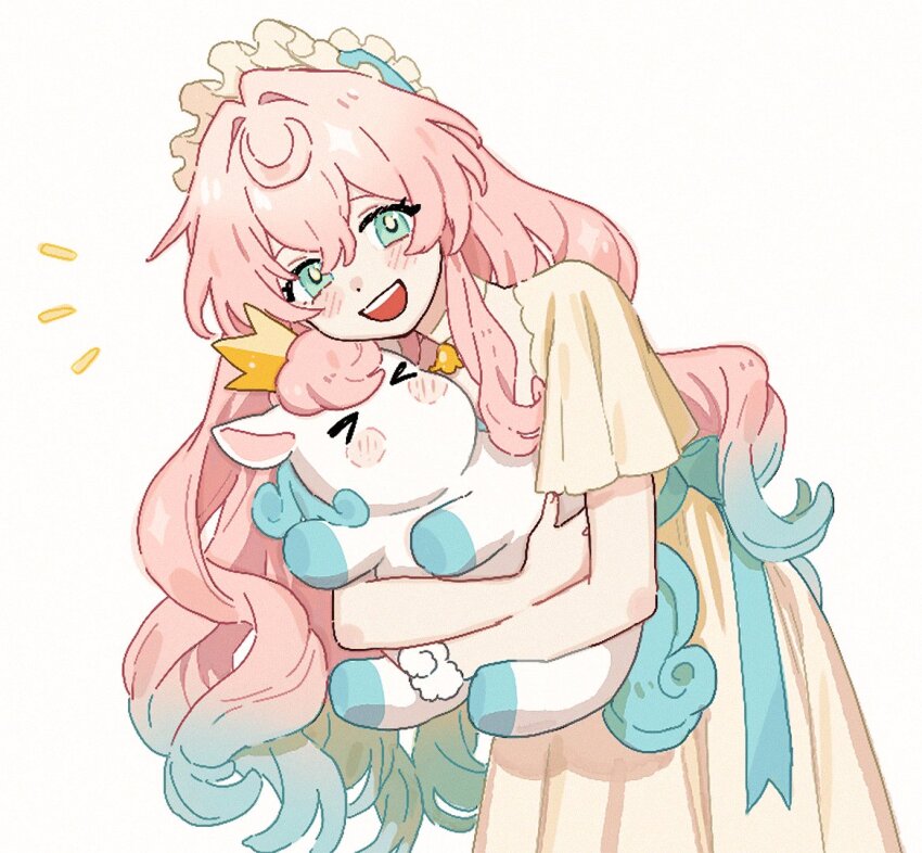 10waoka 1girl animal aqua_eyes aqua_hair chimera_(honkai:_star_rail) commentary_request dress holding holding_animal honkai:_star_rail honkai_(series) hyacine_(honkai:_star_rail) long_hair open_mouth pink_hair simple_background smile solo very_long_hair white_background yellow_dress