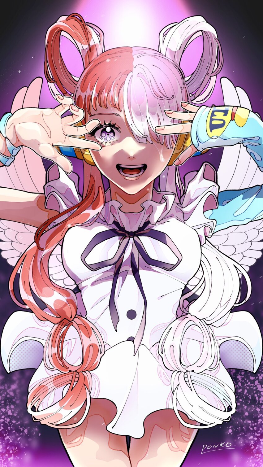 1girl black_ribbon blue_gloves commentary_request dress elbow_gloves gloves highres looking_at_viewer multicolored_hair neck_ribbon one_piece one_piece_film:_red open_mouth pink_wings ponko517 purple_eyes red_hair ribbon signature single_elbow_glove solo two-tone_hair two-tone_wings uta_(one_piece) white_dress white_hair white_wings wings