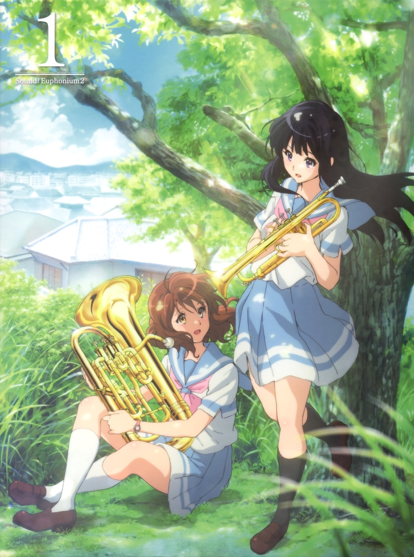 2girls :d absurdres album_cover black_hair black_socks blue_sailor_collar blue_skirt blue_sky blush brown_eyes brown_footwear brown_hair building bush city cloud cover crossed_legs euphonium grass hands_up hibike!_euphonium highres holding holding_instrument ikeda_shouko instrument kitauji_high_school_uniform kneehighs kousaka_reina leg_up loafers long_hair looking_at_another multiple_girls neckerchief official_art open_mouth oumae_kumiko outdoors pink_neckerchief pleated_skirt purple_eyes sailor_collar school_uniform serafuku shirt shoes short_hair short_sleeves sitting skirt sky smile socks standing tree trumpet white_shirt white_socks