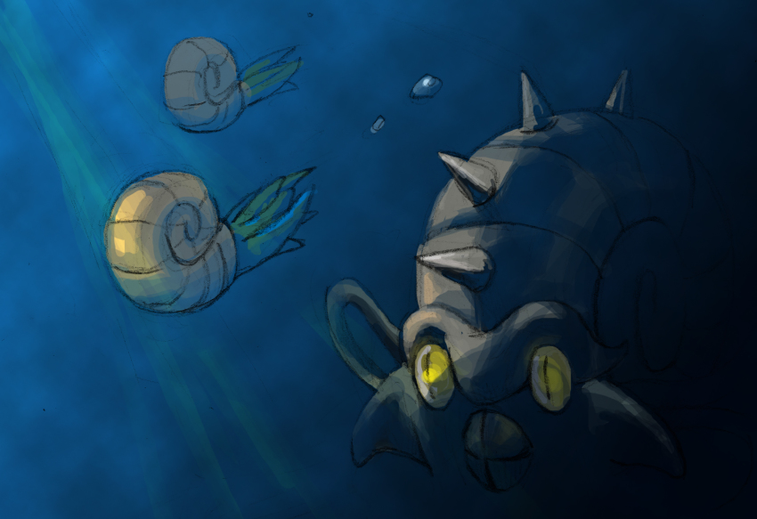 gen_1_pokemon highres nintendo no_humans omanyte omastar pokemon pokemon_(creature) polyacryla spikes underwater