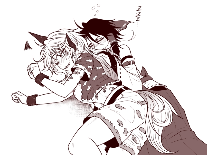 2girls animal_ears belt blush bow cloud_print commentary_request detached_sleeves dog_ears dog_girl dog_tail feet_out_of_frame gloves hair_bow hair_tubes hakurei_reimu horns kariyushi_shirt komano_aunn long_hair lying monochrome multiple_girls nose_blush on_side open_mouth partially_fingerless_gloves ribbon-trimmed_sleeves ribbon_trim ryuuichi_(f_dragon) shorts simple_background single_horn skirt sleeping tail touhou yuri zzz