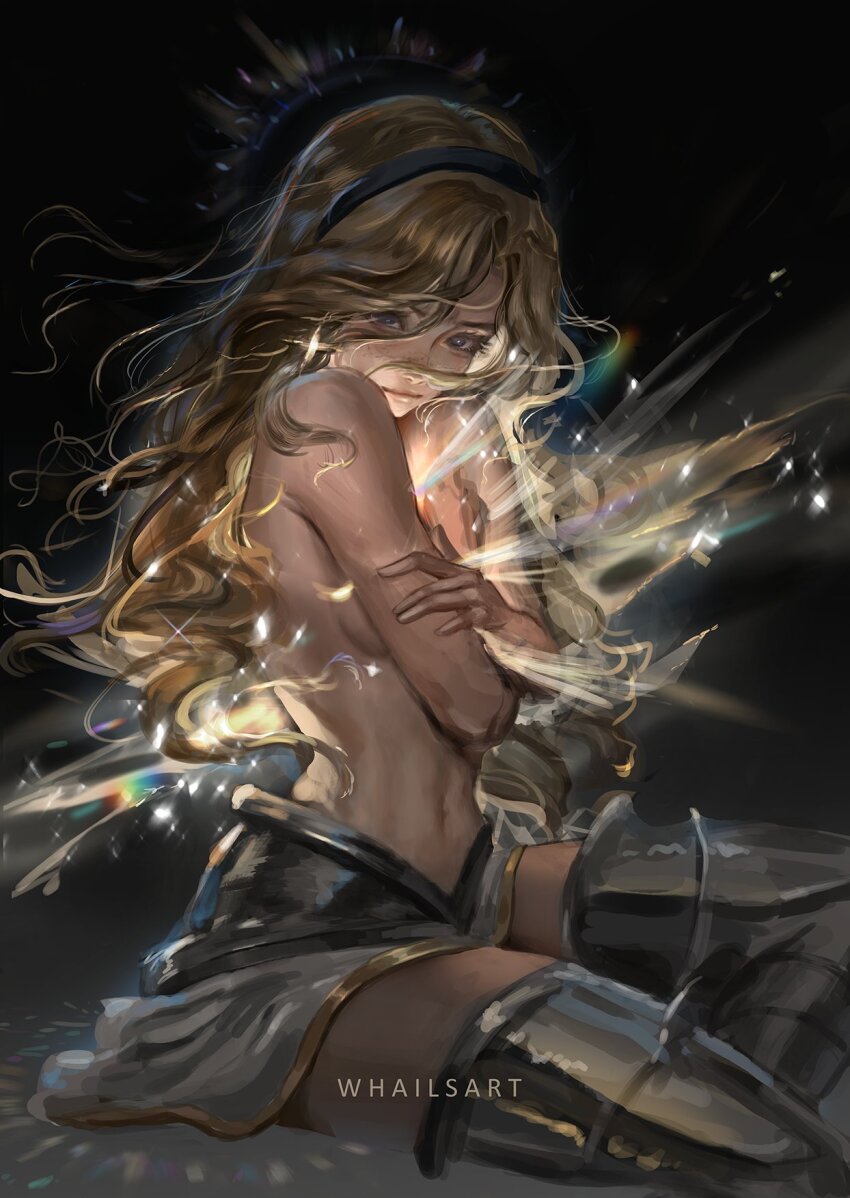 1girl armor armored_boots artist_name black_hairband blonde_hair boots breasts closed_mouth glowing grey_skirt hair_between_eyes hairband highres league_of_legends long_hair looking_at_viewer lux_(league_of_legends) medium_breasts messy_hair multicolored_background navel sitting skirt solo sparkle topless_female whails