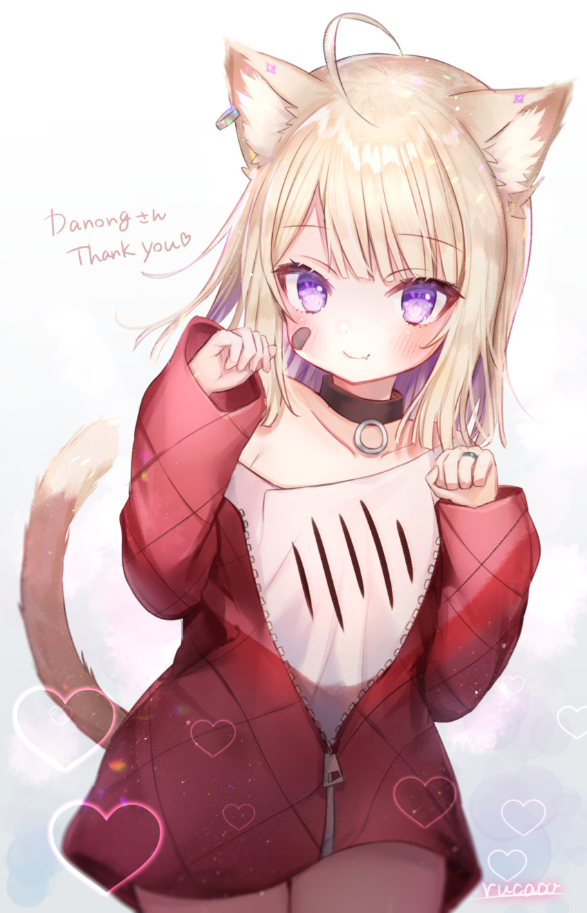 1girl ahoge animal_ear_fluff animal_ears artist_name bad_id bad_pixiv_id bare_shoulders black_collar blonde_hair blush cat_ears cat_girl cat_tail closed_mouth collar collarbone commentary_request fang fang_out gradient_background grey_background hands_up heart highres jacket jewelry long_hair open_clothes open_jacket original partially_unzipped paw_pose purple_eyes red_jacket ring rucaco shirt signature smile solo standing tail tail_raised translation_request white_background white_shirt