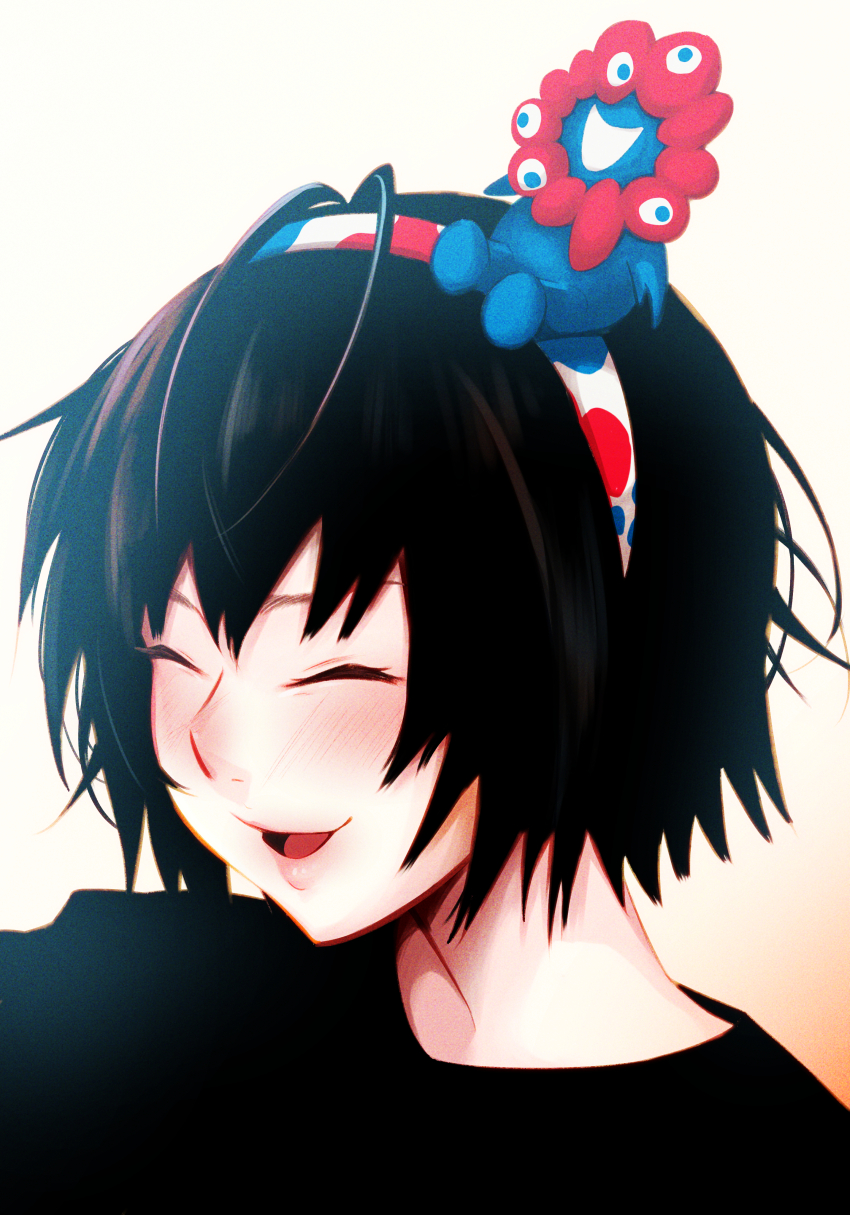 1girl absurdres amagami black_hair black_shirt blush closed_mouth expo2025 hairband highres myaku-myaku nanasaki_ai open_mouth oshizu portrait shirt short_hair smile solo