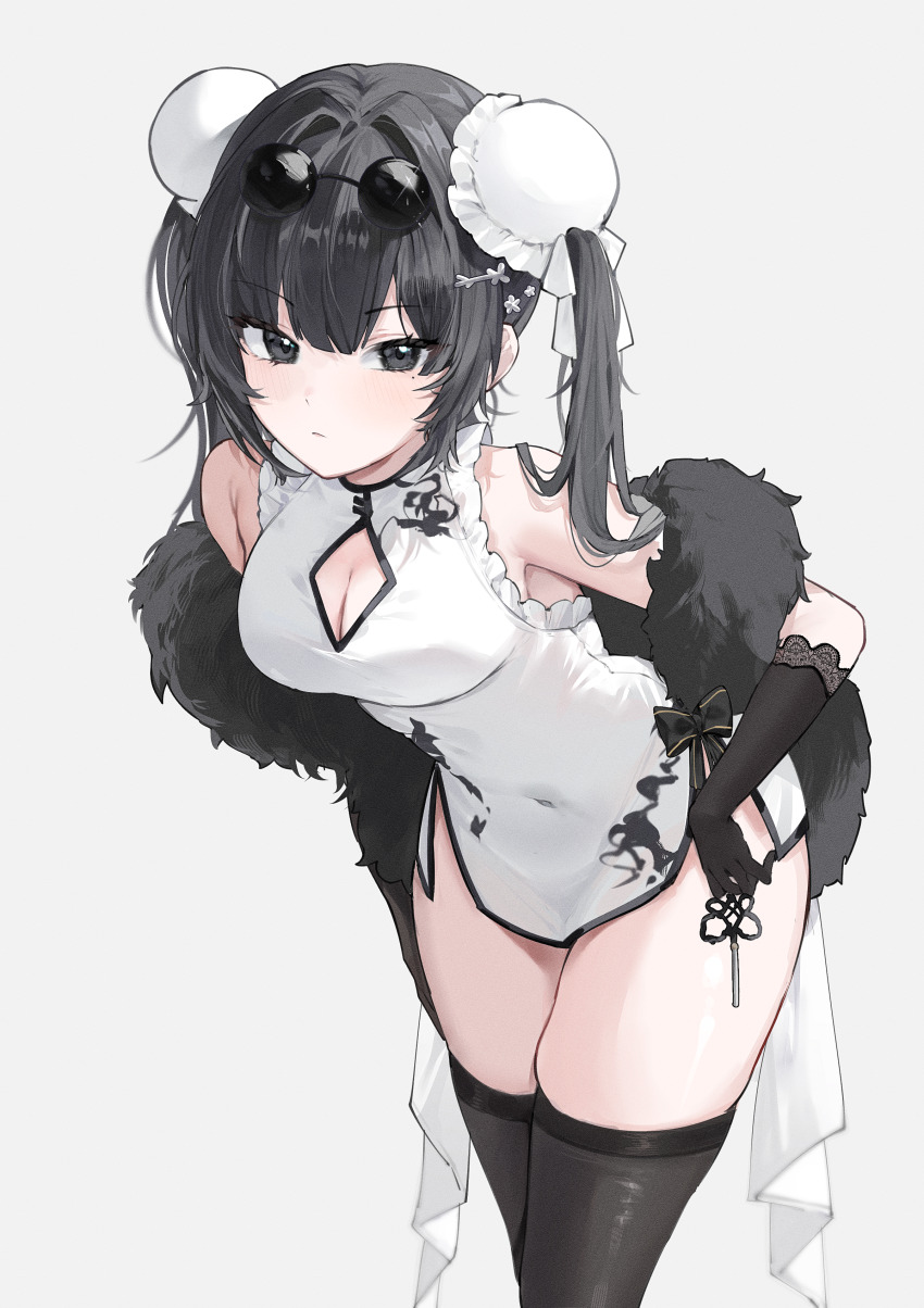 1girl absurdres black_gloves black_hair black_thighhighs bun_cover china_dress chinese_clothes cleavage_cutout clothing_cutout covered_navel cowboy_shot double_bun dress eyewear_on_head feather_boa film_grain glasses gloves gurami_(zangizarang) hair_bun hair_intakes highres lace lace-trimmed_gloves lace_trim leaning_forward long_hair looking_at_viewer original pince-nez short_dress simple_background skindentation sleeveless sleeveless_dress solo sunglasses thighhighs twintails white_background white_dress