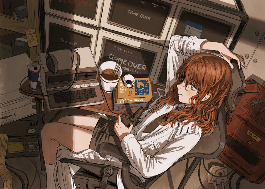 1girl arm_up book book_stack brown_necktie cable can chair chopsticks closed_mouth commentary controller cup cup_ramen english_commentary from_above game_controller generator gold_can headphones highres joystick long_hair miniskirt monitor necktie original power_cord red_hair shirt sitting skirt solo typewriter white_shirt yellow_eyes
