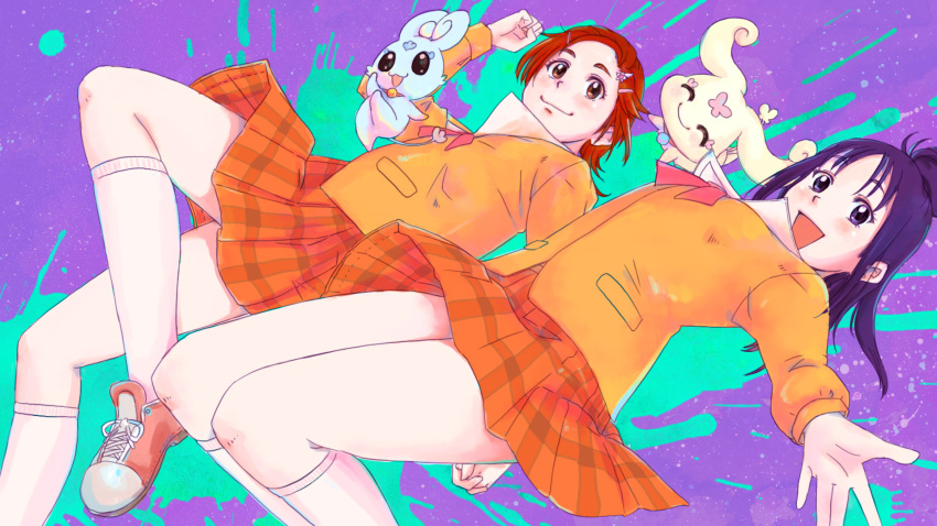 2girls brown_eyes brown_hair choppy elk115 flappy futari_wa_precure_splash_star hair_ornament highres hyuuga_saki mishou_mai multiple_girls open_mouth orange_hair precure purple_hair red_hair school_uniform skirt