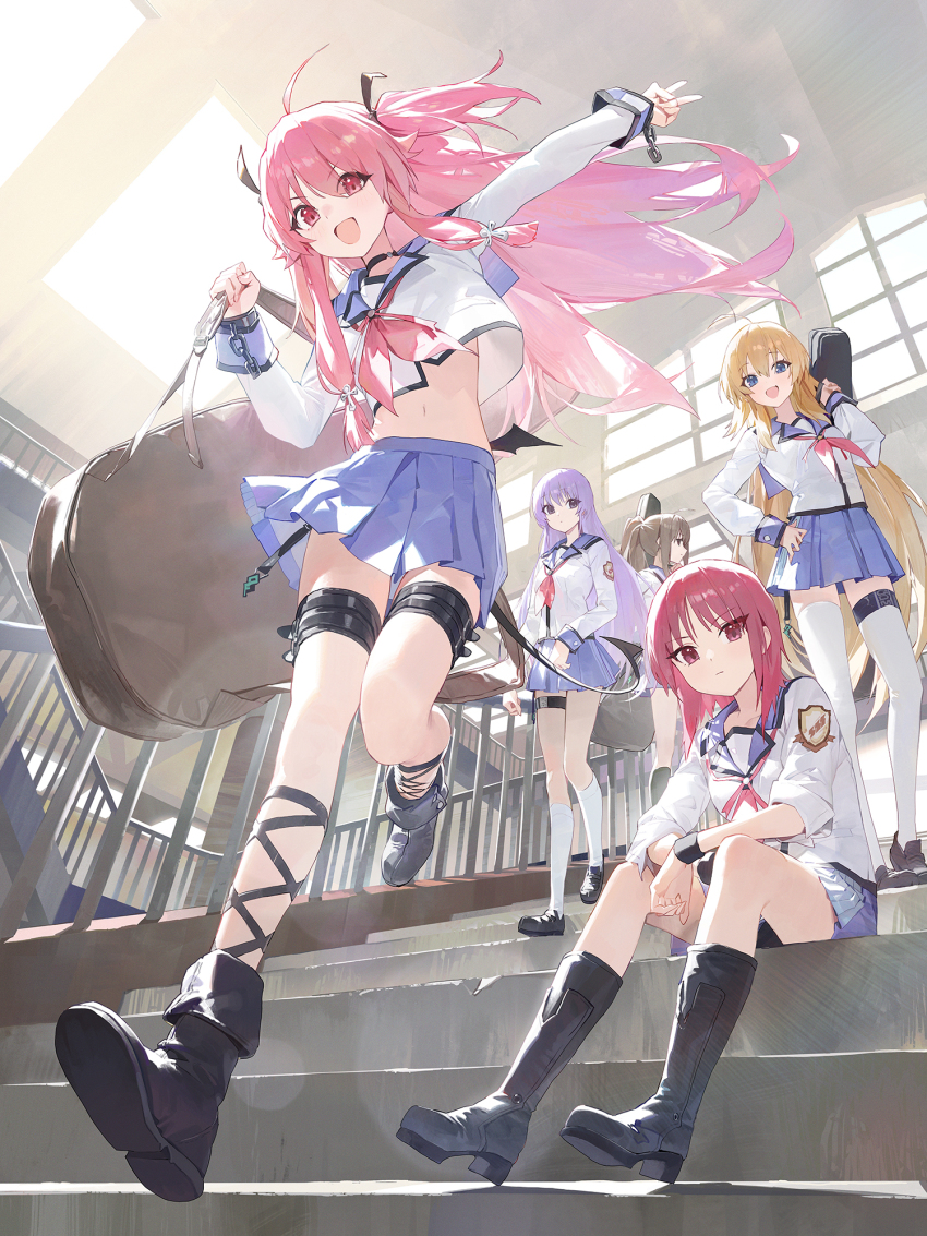 5girls ahoge angel_beats! bag black_footwear blonde_hair blue_eyes blue_skirt boots brown_hair closed_mouth demon_tail demon_wings from_below girls_dead_monster grey_hair hand_on_own_hip headgear heaven_burns_red high_heel_boots high_heels high_ponytail highres hisako_(angel_beats!) holding holding_bag instrument_case irie_miyuki iwasawa_masami knee_boots loafers long_hair long_sleeves looking_at_viewer miniskirt modare multiple_girls navel neckerchief open_mouth pink_eyes pink_hair pleated_skirt ponytail purple_eyes purple_hair railing red_eyes red_hair red_neckerchief running school school_bag school_uniform sekine_shiori serafuku shirt shoes sitting skirt sleeves_rolled_up smile socks stairs standing stomach tail thigh_strap thighhighs two_side_up v white_shirt white_socks white_thighhighs window wings wristband yui_(angel_beats!)