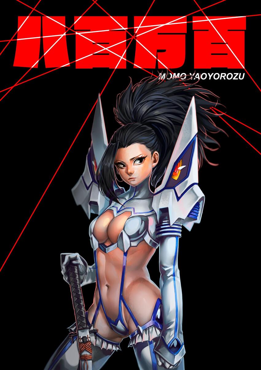 1girl absurdres archiri_usagi artist_collaboration black_eyes black_hair boku_no_hero_academia breasts character_name cleavage commission cosplay expressionless gloves hair_behind_ear hand_on_hilt highres junketsu katana kiryuuin_satsuki kiryuuin_satsuki_(cosplay) logo_parody long_hair looking_to_the_side medium_breasts navel ponytail revealing_clothes saint_morrigan second-party_source solo sword thighhighs weapon white_gloves white_thighhighs yaoyorozu_momo