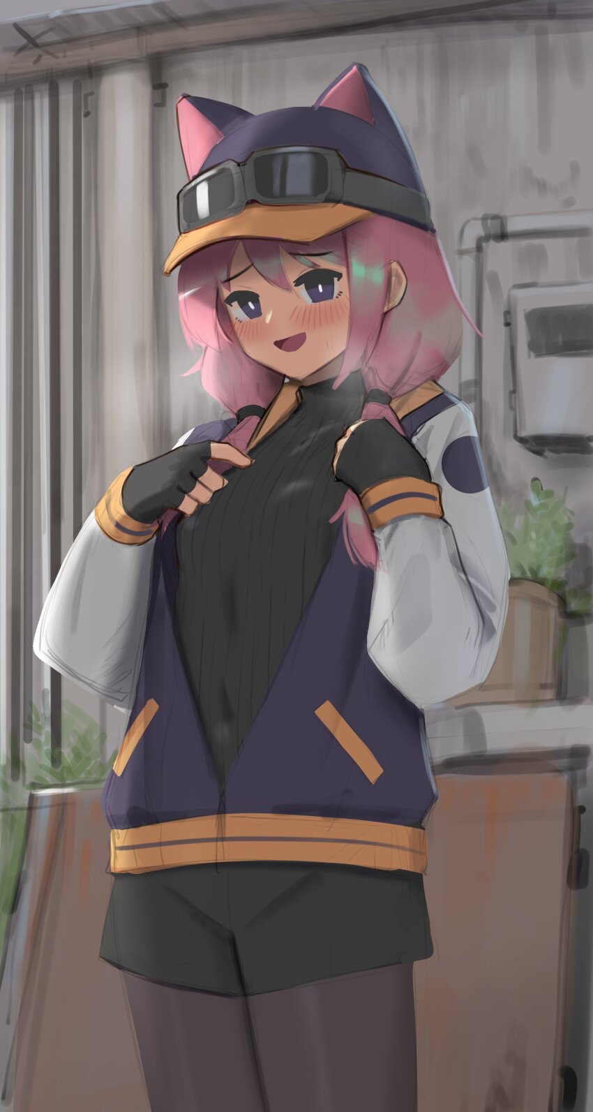 1girl :d absurdres animal_ear_headwear animal_ears baseball_cap black_gloves black_pantyhose black_shirt black_shorts blush breasts bright_pupils commentary covered_navel cowboy_shot embarrassed fake_animal_ears fingerless_gloves gloves goggles goggles_on_headwear hat highres jacket legs_together long_hair looking_at_viewer multicolored_jacket open_clothes open_jacket open_mouth orange_jacket pantyhose partially_unzipped pink_hair purple_eyes purple_jacket shirt short_shorts shorts small_breasts smile solo standing steam_(platform) steam_delivery_girl sweatdrop turtleneck turtleneck_shirt twintails white_jacket white_pupils xerbatt