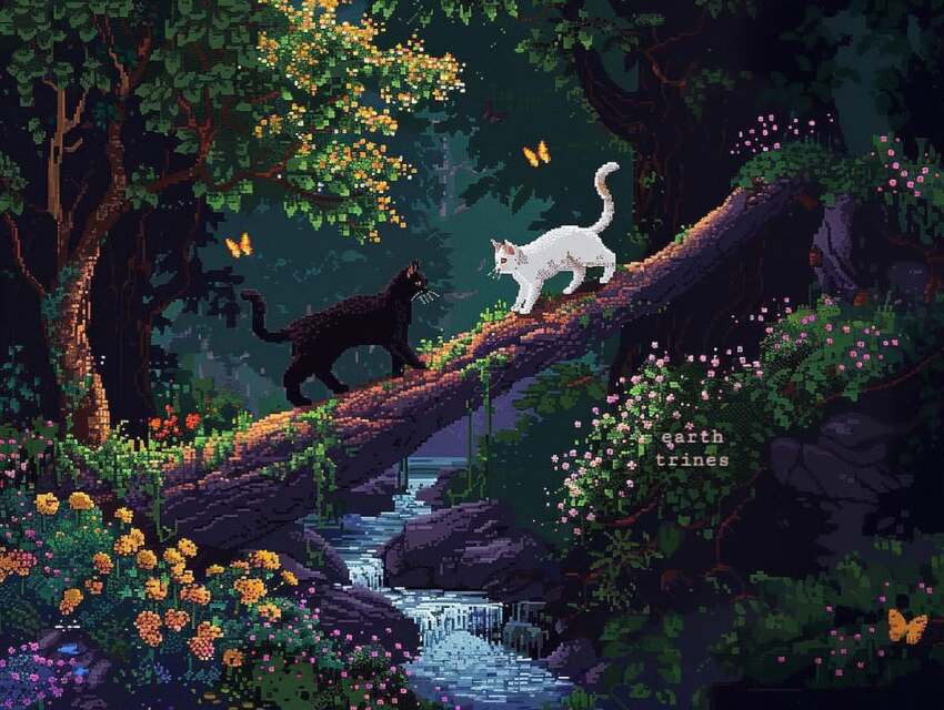animal_focus artist_name black_cat bug bush butterfly cat earthtrines face-to-face flower forest insect log moss nature no_humans orange_butterfly original outdoors pink_flower river tree whiskers white_cat yellow_butterfly