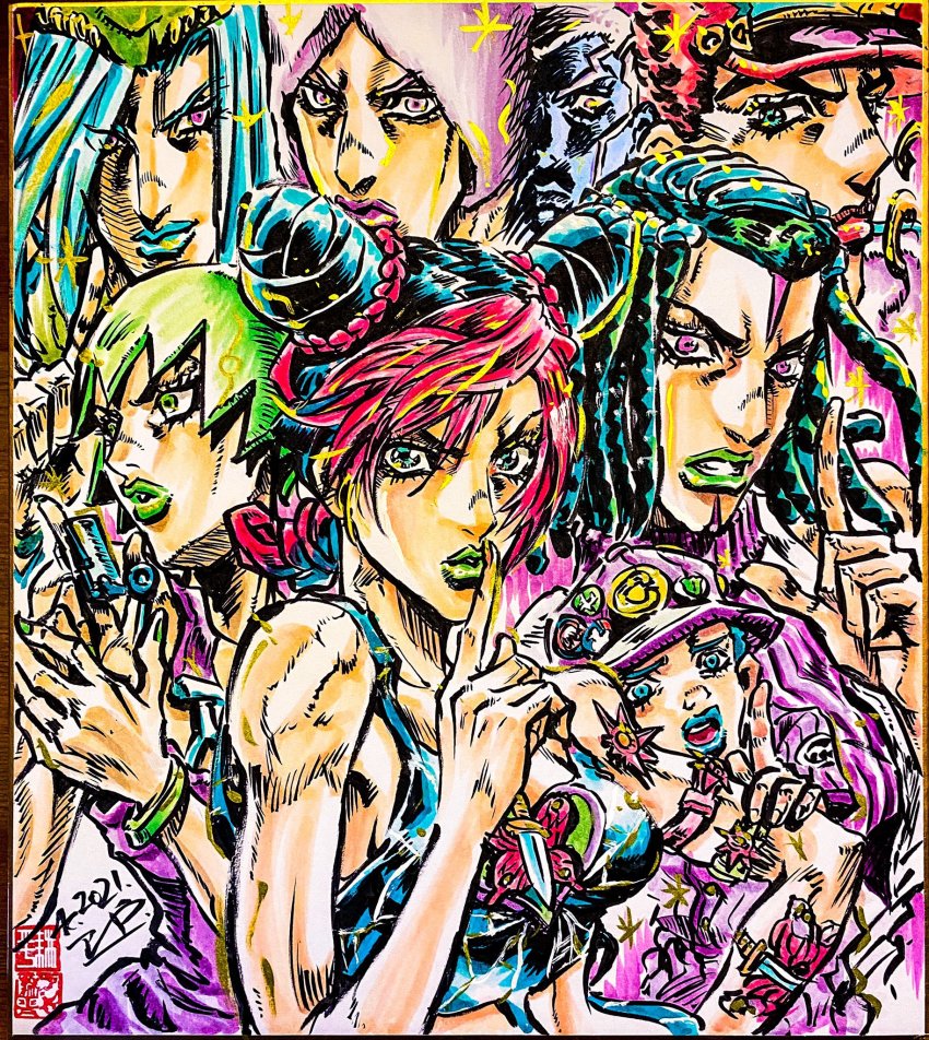 3girls 5boys alternate_hair_color arm_tattoo armband ashiya_kouhei baseball_cap blue_eyes blue_hair blue_lips bracelet braid braided_bun braided_ponytail butterfly_tattoo clenched_teeth commentary_request dated double_bun dreadlocks emporio_alnino enrico_pucci ermes_costello eyes_visible_through_hair facial_mark finger_cannon finger_to_mouth fingernails foo_fighters_(jojo) foo_fighters_(stand) green_eyes green_hair green_headwear green_lips green_nails hair_bun hand_up hat highres index_finger_raised jewelry jojo_no_kimyou_na_bouken kuujou_jolyne kuujou_joutarou long_hair looking_at_viewer multiple_boys multiple_girls nail_polish narciso_anasui pink_hair purple_eyes purple_headwear purple_lips red_hair red_headwear red_lips seal_impression short_hair shushing signature sleeveless stone_ocean tattoo teeth very_short_hair weather_report white_hair