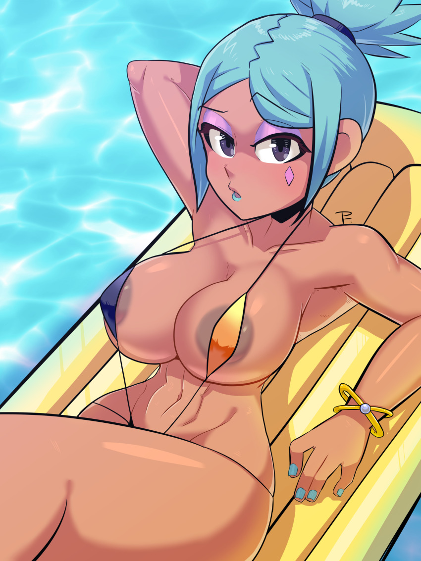 1girl absurdres areola_slip arm_behind_head blue_hair blue_lips blue_nails bracelet breasts cerebella_(skullgirls) cleavage collarbone dark-skinned_female dark_skin eyeshadow highres jewelry large_areolae large_breasts looking_at_viewer lying makeup mugiotoko nail_polish navel open_mouth parted_bangs parted_lips ponytail pool pool_float raised_eyebrow skullgirls slingshot_swimsuit solo swimsuit wide_hips