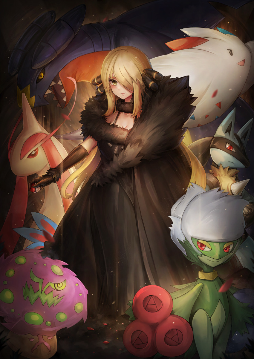 1girl absurdres adapted_costume blonde_hair blush breasts cleavage closed_mouth collar commentary_request cynthia_(pokemon) dress fur_(clothing) garchomp gen_3_pokemon gen_4_pokemon gloves hair_ornament hair_over_one_eye highres holding holding_poke_ball long_hair lucario medium_breasts milotic nintendo poke_ball poke_ball_(basic) pokemon pokemon_(creature) pokemon_dppt roserade spiritomb togekiss yellow_eyes ziteng_yue