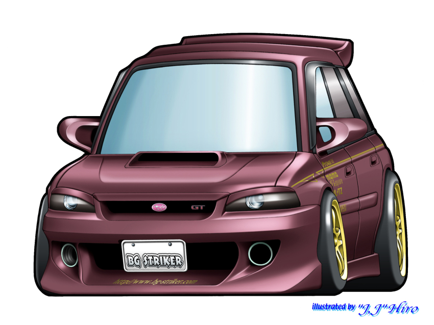 artist_name brown_car car chibi hiro_evolve license_plate motor_vehicle no_humans original shadow simple_background spoiler_(automobile) subaru_(brand) subaru_legacy vehicle_focus watermark web_address white_background
