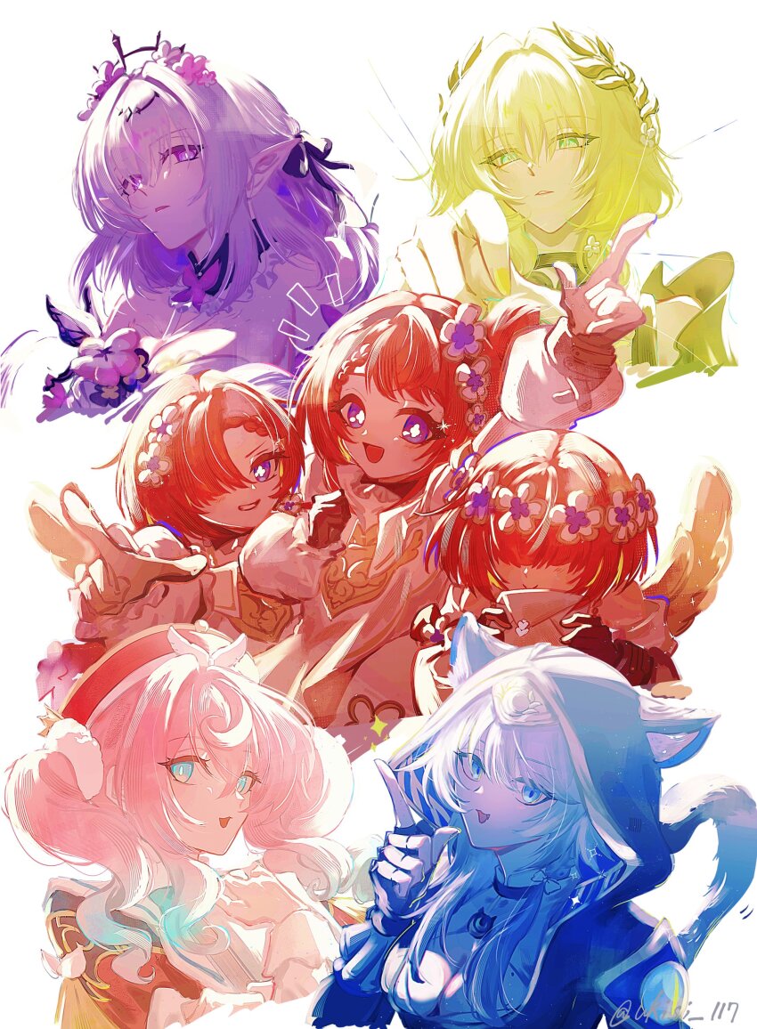6+girls absurdres aglaea_(honkai:_star_rail) angel_wings animal_ears animal_hood aqua_eyes aqua_hair black_tiara blonde_hair blue_eyes breasts castorice_(honkai:_star_rail) cat_ears cat_hood cat_tail cipher_(honkai:_star_rail) cleavage commentary_request cropped_torso cross-shaped_pupils dress flower green_eyes grey_hair hair_flower hair_ornament head_wreath highres honkai:_star_rail honkai_(series) hood hyacine_(honkai:_star_rail) laurel_crown long_hair medium_breasts mole mole_on_breast multicolored_hair multiple_girls pink_hair pointy_ears purple_eyes purple_hair red_hair short_hair symbol-shaped_pupils tail tiara trianne_(honkai:_star_rail) tribbie_(honkai:_star_rail) trinnon_(honkai:_star_rail) twintails twitter_username two-tone_hair ukisi white_background white_dress wings