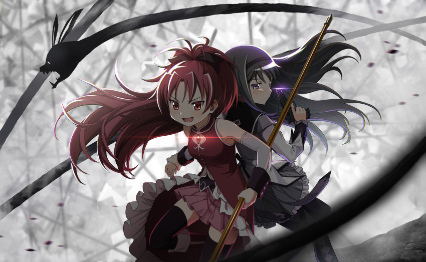 2girls akemi_homura akemi_homura_(magical_girl) argyle_clothes argyle_footwear artist_request back-to-back back_bow bare_shoulders battle black_boots black_bow black_capelet black_hair black_hairband black_shirt black_thighhighs black_wrist_cuffs boots bow buttons capelet chest_jewel circle_skirt cleavage_cutout closed_mouth clothing_cutout collared_capelet collared_dress debris detached_sleeves determined dress expressionless familiar_(madoka_magica) feet_out_of_frame fighting_stance floating floating_clothes frilled_dress frilled_skirt frills game_cg gem gleam grey_sleeves gun hair_bow hairband handgun happy high_collar highres holding holding_another&#039;s_wrist holding_gun holding_polearm holding_weapon jitome layered_sleeves long_dress long_hair long_sleeves looking_ahead magical_girl mahou_shoujo_madoka_magica mahou_shoujo_madoka_magica_magia_exedra miniskirt multiple_girls official_art pink_skirt pleated_skirt polearm ponytail purple_bow purple_capelet purple_eyes purple_skirt red_dress red_eyes red_gemstone red_hair sakura_kyoko sakura_kyoko_(magical_girl) sebastians_(madoka_magica) shirt shirt_under_dress short_dress skirt skirt_under_dress sleeveless sleeveless_shirt standing thigh_boots thighhighs tsurime two-tone_capelet v-shaped_eyebrows very_long_hair weapon white_dress witch&#039;s_labyrinth wrist_cuffs