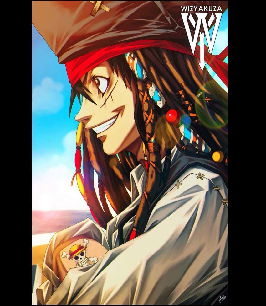 1boy alternate_costume alternate_hair_color alternate_hairstyle artist_logo artist_name bandana beads black_eyes black_hair black_hat clenched_teeth cloud cloudy_sky cosplay day dreadlocks facial_scar hair_beads hair_ornament hat highres jack_sparrow jack_sparrow_(cosplay) logo long_sleeves male_focus medium_hair monkey_d._luffy one_piece outdoors pillarboxed pirate_hat pirates_of_the_caribbean red_bandana scar scar_on_cheek scar_on_face shirt signature skull_and_crossbones sky smile solo teeth white_shirt wizyakuza