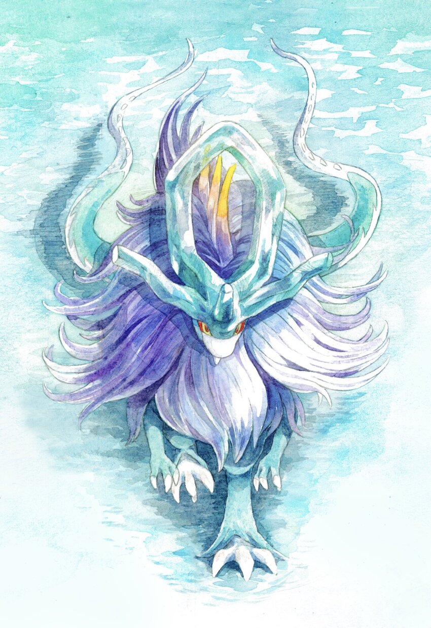 claws colored_sclera full_body highres mane mint_nappa multiple_tails nintendo no_humans outdoors pokemon pokemon_(creature) pokemon_focus purple_fur raptor red_eyes reflection reflective_water shadow solo tail two_tails walking walking_on_liquid walking_wake water yellow_sclera