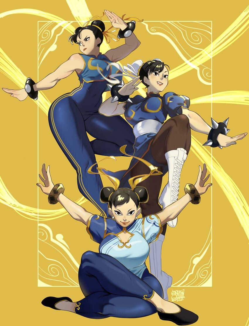 1girl absurdres age_progression arm_up artist_name black_shoes boots bracelet bun_cover capcom chinese_clothes chun-li cleavage_cutout closed_mouth clothing_cutout commentary double_bun earrings fighting_stance flats hair_bun hair_ribbon highres jewelry looking_at_viewer multiple_persona outstretched_arms panties pantyhose pantyshot pearl_earrings red_lips ribbon shoes simple_background smile snowcie spiked_bracelet spikes street_fighter street_fighter_6 street_fighter_ii_(series) street_fighter_zero_(series) studded_bracelet symbol-only_commentary underwear v-shaped_eyebrows white_boots