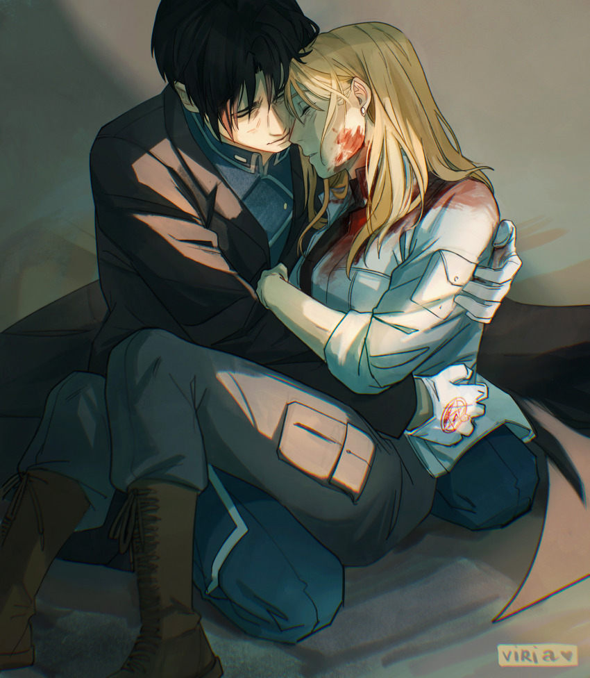 1boy 1girl absurdres amestris_military_uniform artist_name black_coat black_hair blonde_hair blood blood_on_face boots closed_eyes coat commentary english_commentary fullmetal_alchemist gloves highres hug long_hair riza_hawkeye roy_mustang shadow viria13 white_gloves