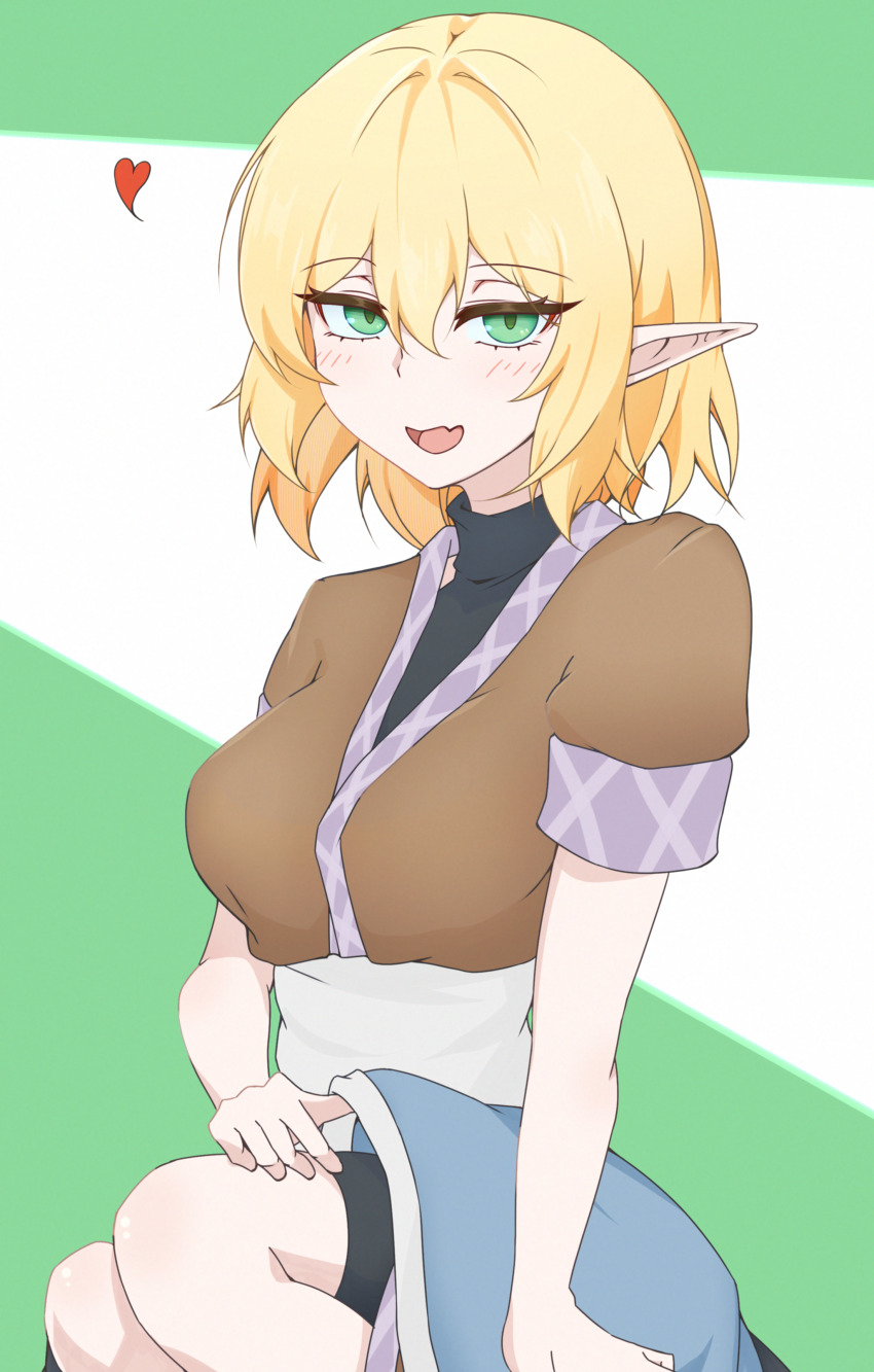 1girl absurdres black_shirt black_shorts blonde_hair blue_skirt blush breasts brown_shirt commentary_request feet_out_of_frame green_background green_eyes heart highres looking_at_viewer medium_breasts mizuhashi_parsee modo_paru open_mouth pointy_ears sash shirt short_hair short_sleeves shorts skirt smile solo touhou undershirt white_background white_sash