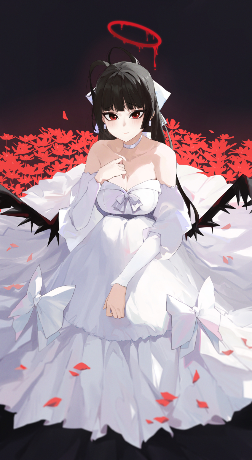 1girl absurdres antenna_hair black_hair black_wings blood blood_halo blue_archive breasts choker cleavage dress earrings halo highres jewelry large_breasts liquid_halo looking_at_viewer low_wings ni_de_pengyou official_alternate_costume petals red_eyes solo tsurugi_(blue_archive) tsurugi_(dress)_(blue_archive) white_choker white_dress wings