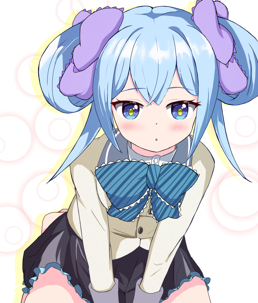 1girl :o absurdres between_legs black_skirt blue_bow blue_eyes blue_hair blush bow frills hair_between_eyes hand_between_legs hatuyuki_1017 highres long_hair long_sleeves looking_at_viewer ongeki ribbon shirt sitting skirt solo suzushima_arisu symbol-shaped_pupils white_shirt