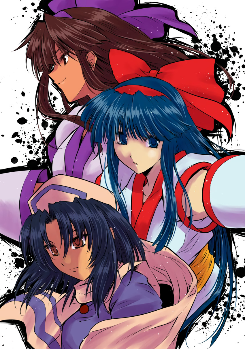 3girls ainu_clothes black_hair blue_eyes blue_hair breasts brown_eyes brown_hair dark-skinned_female dark_skin dual_persona fingerless_gloves gloves hair_ribbon highres large_breasts legs long_hair looking_at_viewer multiple_girls murasaki_nakoruru nakoruru outstretched_arm outstretched_arms pants parted_lips rera ribbon samurai_spirits small_breasts smile snk thighs