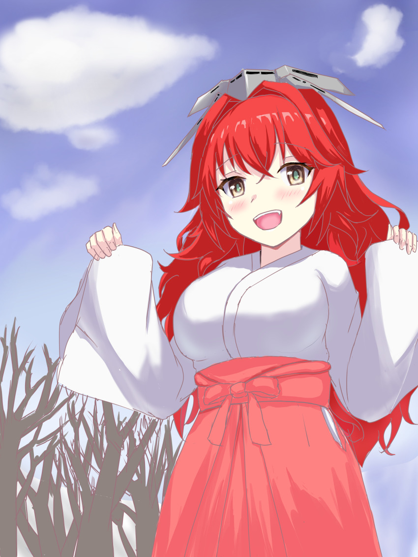 1girl absurdres alternate_costume blue_sky breasts brown_eyes cloud commentary_request headgear highres japanese_clothes kantai_collection large_breasts long_hair looking_at_viewer miko phoenix_(kancolle) red_hair ribo=masu sky solo tree w_arms