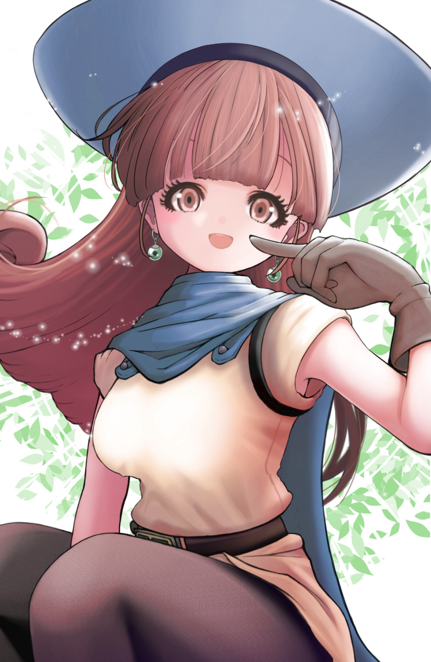 1girl :d absurdres alena_(dq4) arm_between_legs black_pantyhose blue_cape blue_hat blunt_bangs breasts brown_gloves cape commentary_request curly_hair daydream1201 dragon_quest dragon_quest_iv earrings gem gloves green_gemstone hat highres jewelry leaf long_hair looking_at_viewer medium_breasts open_mouth orange_eyes orange_hair pantyhose pointing pointing_at_self sitting smile sphere_earrings tunic white_background yellow_tunic