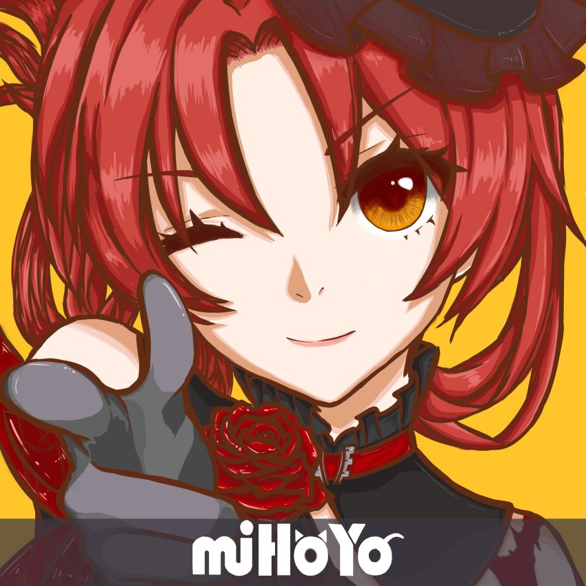 1girl absurdres bang_(gesture) black_gloves close-up closed_mouth company_name finger_gun flower forehead gloves highres honkai_(series) honkai_impact_3rd index_finger_raised looking_at_viewer matsuki48 murata_himeko murata_himeko_(blood_rose) one_eye_closed parody pointing pointing_at_viewer portrait red_hair rose simple_background smile solo yellow_background yellow_eyes
