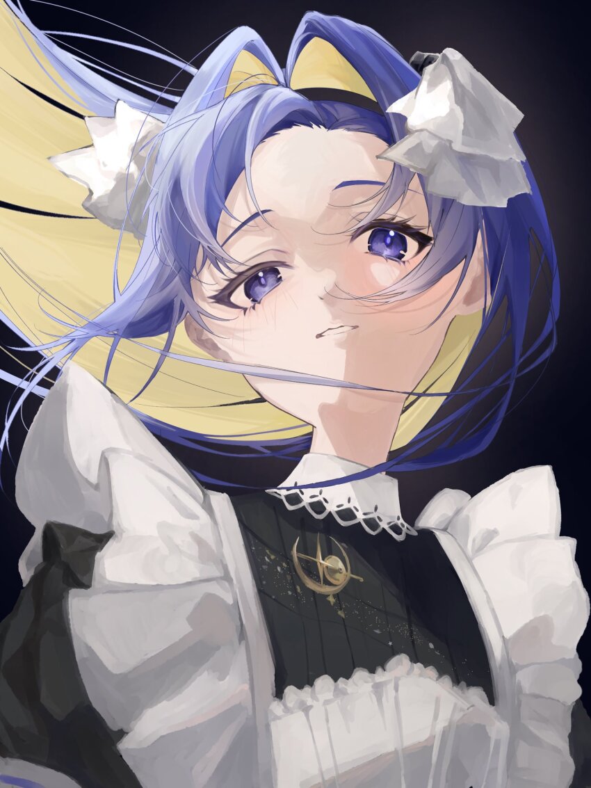 1girl apron black_background black_dress blonde_hair blue_eyes blue_hair colored_inner_hair dress floating_hair frilled_apron frills grin hair_intakes highres long_hair looking_at_viewer mugisoba multicolored_hair portrait reverse:1999 school_uniform smile solo soviet_school_uniform very_long_hair voyager_(reverse:1999) white_apron
