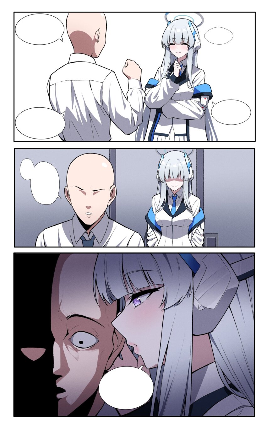 1boy 1girl 3koma bald blue_archive blue_necktie blunt_bangs blush closed_eyes closed_mouth coat collared_shirt comic halo hand_up headgear highres jacket locking long_hair meme meowing necktie no_eyes noa_(blue_archive) off_shoulder open_clothes open_jacket partially_shaded_face purple_eyes reia_76 shirt smile speech_bubble twitter where&#039;s_the_cat?_(meme) whispering whispering_in_ear white_coat white_hair white_halo white_jacket white_shirt wide-eyed