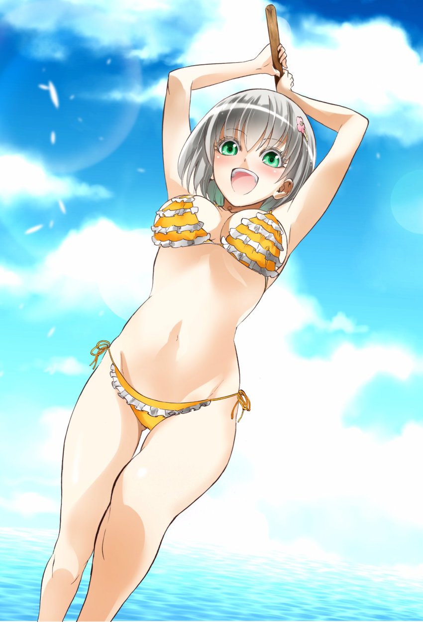 1girl armpits arms_up bikini binbougami_ga! blue_sky blush breasts breasts_apart cloud cloudy_sky day eyelashes eyes_visible_through_hair female_focus flower_ornament foreshortening frilled_bikini frills gluteal_fold green_eyes grey_hair groin hair_between_eyes hair_ornament hairclip highres holding holding_stick leg_up lens_flare medium_breasts navel ocean open_mouth outdoors sakura_ichiko short_hair side-tie_bikini_bottom sky smile solo standing stick sukeno_yoshiaki swimsuit thigh_gap thighs tongue white_frills yellow_bikini