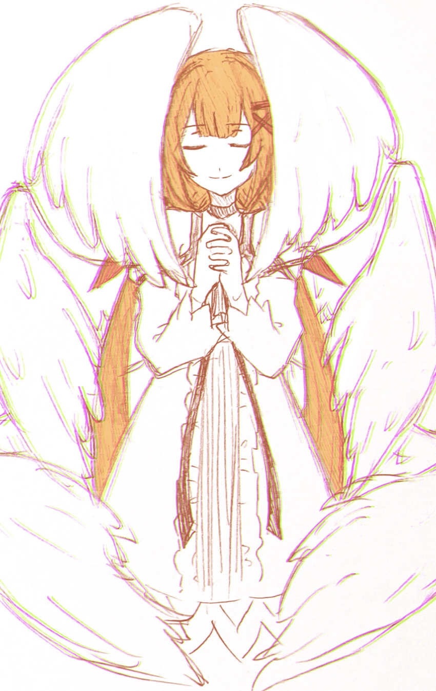 1girl absurdres angel_wings bare_shoulders black_choker center_frills choker closed_eyes detached_sleeves dress feathered_wings frills hair_ornament hair_ribbon highres kingdom_hearts kingdom_hearts_x long_hair long_sleeves low_twintails multiple_wings orange_hair orange_ribbon own_hands_clasped own_hands_together ribbon seraph seraph_wings smile solo strelitzia_(kingdom_hearts) twintails very_long_hair w3n6ev white_background white_dress white_wings wings x_hair_ornament