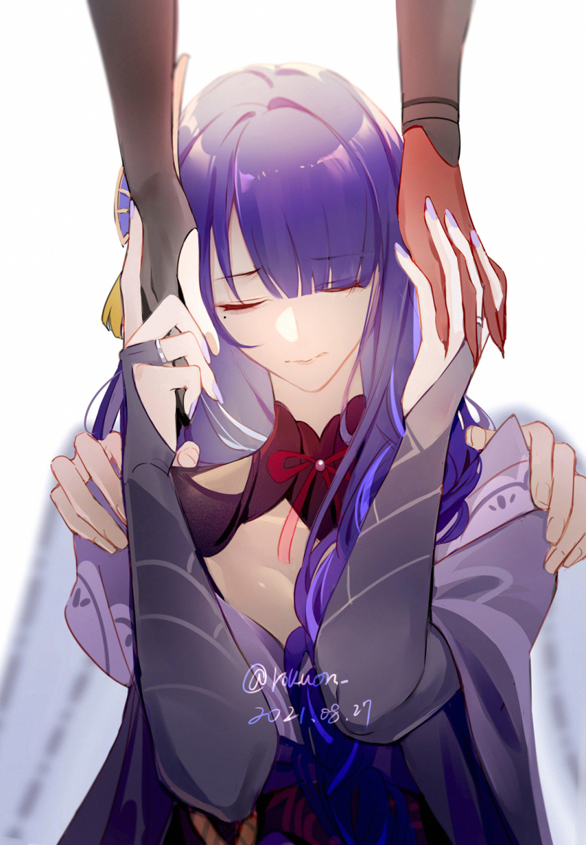 breasts bridal_gauntlets chiyo_(genshin_impact) cleavage closed_eyes closed_mouth commentary_request fingerless_gloves flower genshin_impact gloves hair_ornament highres holding_hands japanese_clothes kimono large_breasts long_hair mole mole_under_eye nail_polish obi obiage purple_eyes purple_hair purple_nails raiden_shogun ribbon rokuon sash simple_background solo tassel twitter_username white_background wide_sleeves