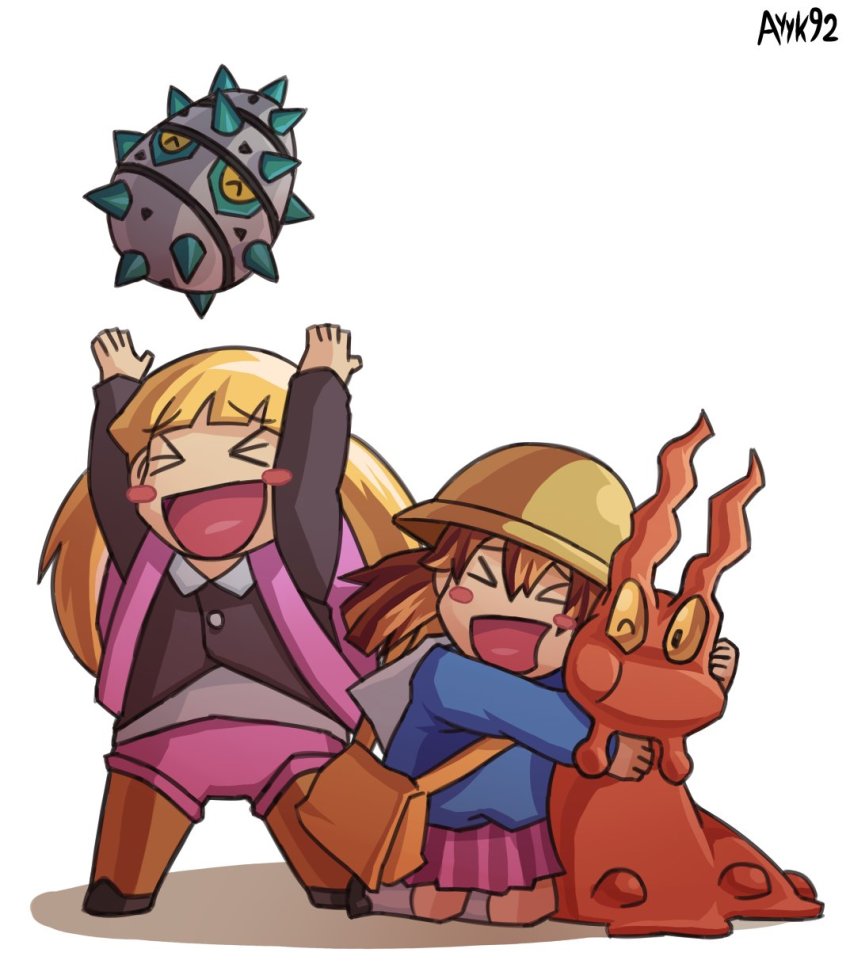 &gt;_&lt; 2girls :d ^_^ ayyk92 backpack bag black_footwear blonde_hair blue_shirt blush_stickers closed_eyes commentary english_commentary ferroseed gen_2_pokemon gen_3_pokemon gen_5_pokemon hands_up hat highres hug kindergarten_bag kindergarten_uniform kneeling legs_apart long_hair long_sleeves multiple_girls nintendo one_eye_closed open_mouth pleated_skirt pokemon pokemon_(creature) pokemon_bw pokemon_xy preschooler_(pokemon) purple_skirt school_hat shirt shoes shorts signature simple_background skirt slugma smile socks standing twintails white_background white_legwear