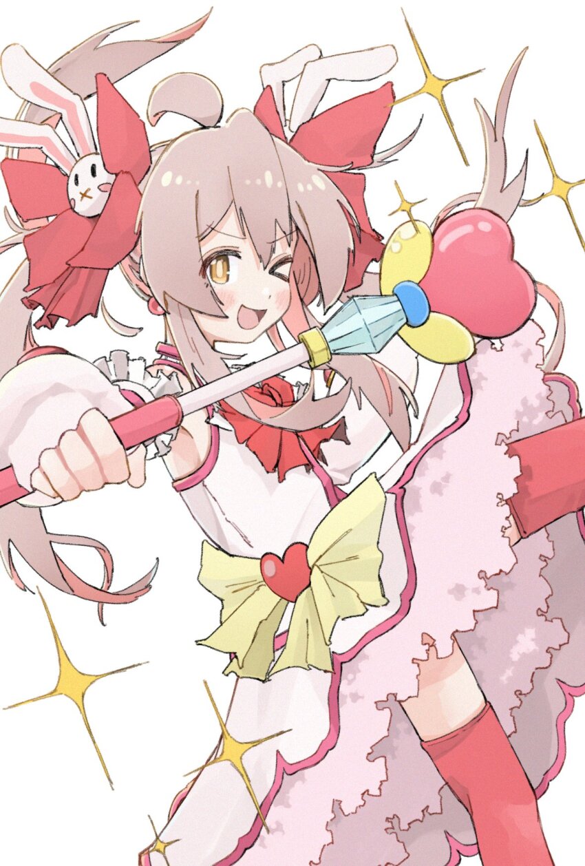 &gt;_o 1girl x_mouth ;d ahoge blush bow bowtie brown_eyes commentary cosplay detached_sleeves dress earrings grey_hair hair_bow hair_ornament heart highres holding holding_wand jewelry long_hair long_sleeves looking_at_viewer magical_girl multicolored_hair one_eye_closed onii-chan_wa_oshimai! open_mouth oyama_mahiro petticoat pink_hair rabbit_hair_ornament red_bow red_bowtie red_thighhighs simple_background smile solo sparkle thighhighs twintails two-tone_hair wand white_background white_dress yuzuponzup zettai_ryouiki