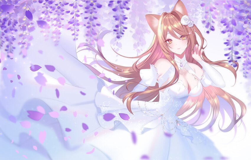 1girl 707arisu animal_ears bare_shoulders breasts brown_hair cat_ears character_request check_copyright cleavage commentary commission copyright_request detached_sleeves dress english_commentary fingernails flower hair_between_eyes hair_flower hair_ornament hand_in_own_hair hand_up hanging_flower highres indie_virtual_youtuber light_smile long_hair looking_at_viewer medium_breasts purple_flower sleeveless sleeveless_dress snowing solo very_long_hair white_background white_dress white_flower white_sleeves yellow_eyes