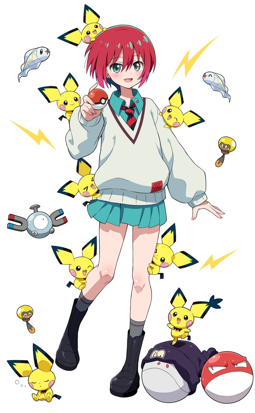1girl absurdres amate_yuzuriha aqua_eyes aqua_shirt aqua_skirt blush closed_mouth crossover eggman_(ni_tamagoex) game_freak gen_1_pokemon gen_2_pokemon gen_5_pokemon gundam gundam_gquuuuuux haro hat highres holding holding_poke_ball long_sleeves looking_at_viewer magnemite necktie nintendo open_mouth pichu poke_ball poke_ball_(basic) pokemon pokemon_(creature) red_hair school_uniform shirt short_hair simple_background skirt solo spiky-eared_pichu sweater tadbulb tynamo voltorb white_background