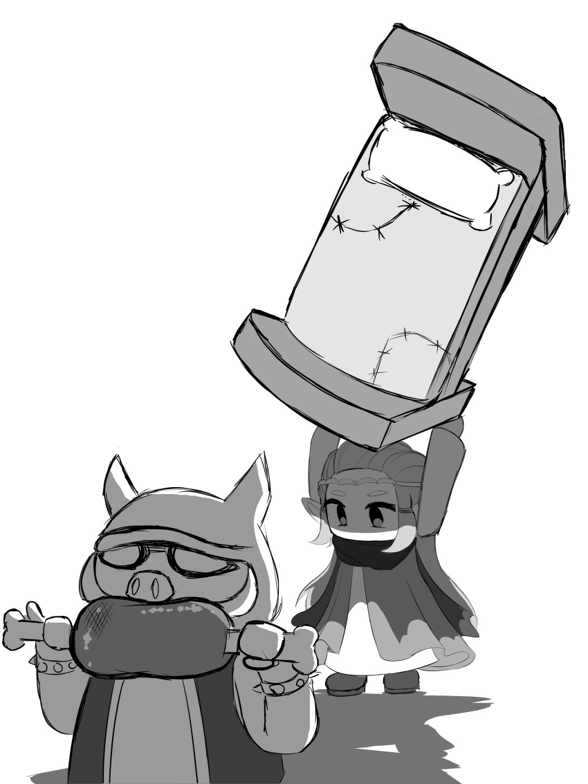 absurdres bed cape eating food highres imminent_attack kuy meat moblin monochrome nintendo princess_zelda the_legend_of_zelda the_legend_of_zelda:_echoes_of_wisdom