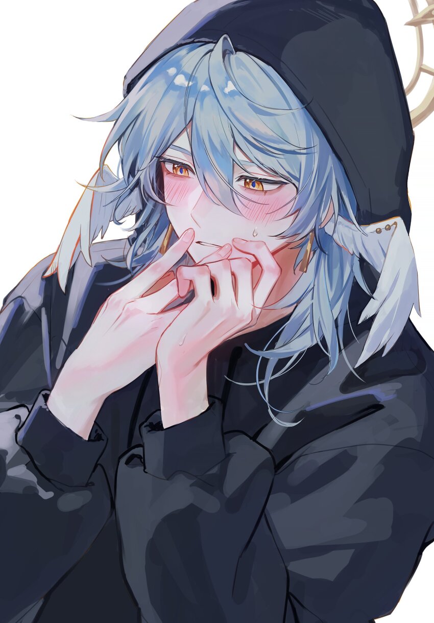 1boy black_hoodie blue_hair blush earrings hair_between_eyes halo halo_behind_head hashtag-only_commentary head_wings highres honkai:_star_rail honkai_(series) hood hoodie jewelry long_sleeves male_focus maru_(gobigreens) medium_hair simple_background solo sunday_(honkai:_star_rail) teeth white_background wing_earrings wings yellow_eyes
