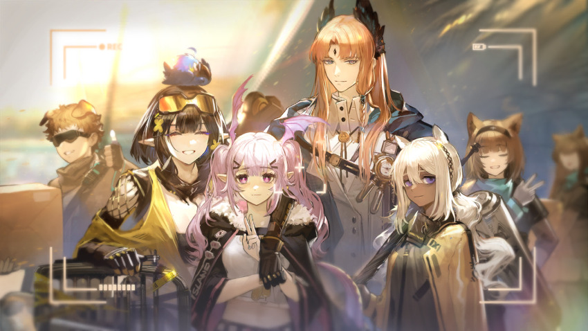 2boys 4girls animal animal_ears animal_on_head arknights artist_request bird bird_on_head black_hair black_jacket blue_eyes camel_ears cat_ears closed_eyes coat dark-skinned_female dark_skin dog_ears eunectes_(arknights) facial_mark feather_hair forehead_mark game_cg goggles goggles_on_head head_wings high_priest_(arknights) highres jacket long_hair looking_at_viewer manticore_(arknights) multiple_boys multiple_girls non-web_source official_art on_head orange_hair passenger_(arknights) pointy_ears purple_eyes purple_hair rhodes_island_medic_(arknights) short_hair smile tuye_(arknights) twintails v viewfinder white_coat white_hair wings yellow_jacket
