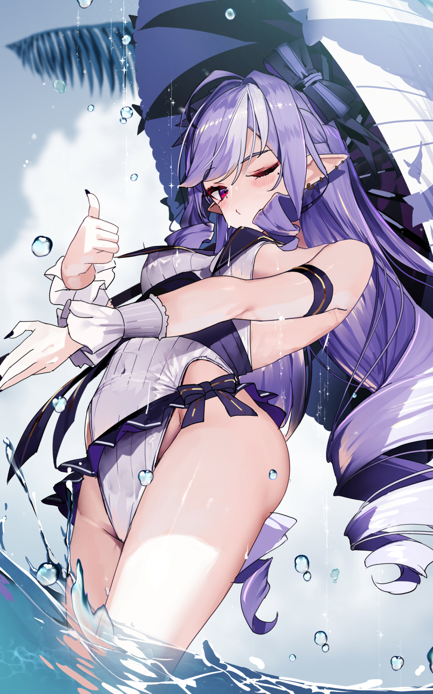 1girl ;) absurdres breasts commentary_request drill_hair hair_ribbon haruhina_purple highres long_hair medium_breasts mole mole_under_eye one-piece_swimsuit one_eye_closed pointy_ears purple_hair red_eyes ribbon sideboob smile solo swimsuit thumbs_up umbrella vivian_banshee wading white_one-piece_swimsuit zenless_zone_zero