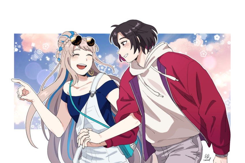 1boy 1girl black_hair blue_shirt constantine_xi_(event_portrait)_(fate) constantine_xi_(fate) dyeodyeo_(dyumado) earrings eyewear_on_head fate/grand_order fate_(series) grey_hair hair_bun holding_hands hood hoodie jacket jewelry overalls johanna_(event_portrait)_(fate) johanna_(fate) red_jacket shirt signature smile sunglasses white_overalls