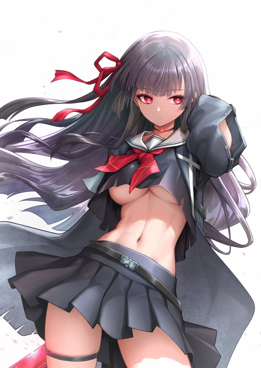 1girl abs arm_cutout arm_up black_choker black_hair black_jacket black_shirt black_skirt breasts chisa_(wuthering_waves) choker closed_mouth clothing_cutout commentary cowboy_shot crop_top hair_ribbon highres holding holding_behind_back holding_weapon holding_weapon_behind_back jacket linea_alba long_hair long_sleeves mole mole_under_eye navel neckerchief no_bra red_eyes red_neckerchief red_ribbon ribbon royboy sailor_collar shirt simple_background skirt solo stomach thigh_strap thighs underboob weapon white_background white_sailor_collar wind wuthering_waves