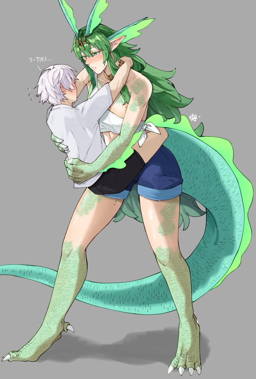 1boy 1girl absurdres alternate_costume alternate_hairstyle assertive_female bare_shoulders black_shorts blue_shorts blush breasts carrying carrying_person collarbone commentary denim denim_shorts dragon_girl dragon_tail english_commentary english_text fire_emblem fire_emblem_awakening flying_sweatdrops green_eyes green_hair green_scales grey_background hair_between_eyes hair_ornament height_difference hetero highres hug long_hair looking_at_another male_robin_(fire_emblem) medium_breasts midriff mole mole_on_breast nintendo pointy_ears sakuremi scales shadow shirt short_hair short_sleeves shorts signature simple_background sleeveless sleeveless_shirt tail tiki_(adult)_(fire_emblem) tiki_(fire_emblem) white_hair white_shirt