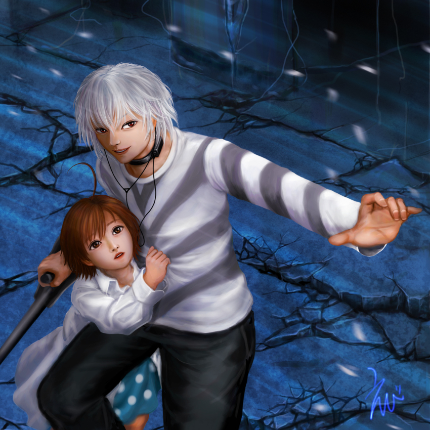 1boy 1girl accelerator_(toaru_majutsu_no_index) age_difference ahoge albino asian black_choker black_pants blue_background blue_dress brown_eyes brown_hair child choker collared_shirt commentary_request crack cracked_floor crutch diagonal-striped_clothes diagonal-striped_shirt dress ebi_(eeotoko) electrodes feet_out_of_frame grey_shirt hair_between_eyes height_difference highres holding_crutch last_order_(toaru_majutsu_no_index) lips long_bangs long_sleeves looking_at_viewer medium_dress medium_hair nose open_clothes open_shirt outstretched_arm oversized_clothes oversized_shirt pants partial_commentary polka_dot polka_dot_dress realistic red_eyes shirt short_hair smile standing striped_clothes striped_shirt teeth toaru_majutsu_no_index white_hair white_shirt
